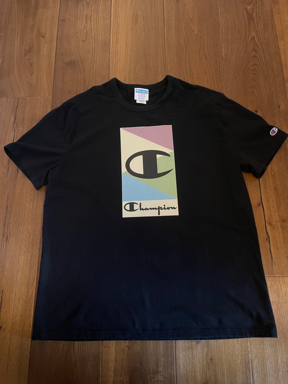 Champion Black Tee with Pastel Logo Block